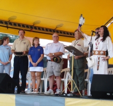 Grand opening ceremony, Dee Whiteye Singingbird a descendent of Chief Pontiac speaking.